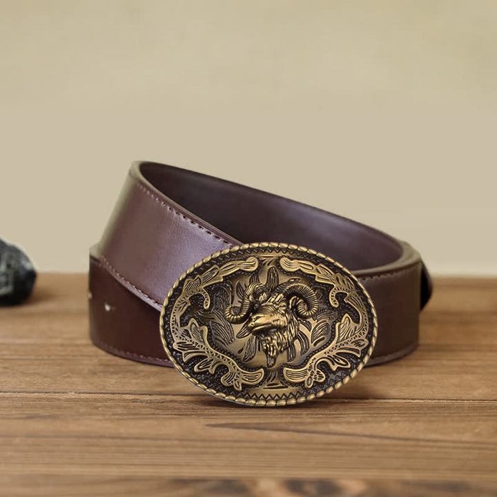 Men's DIY Bronze Wild Goat Head Buckle Leather Belt - Wild Goat - Brown PU Belt (40) - image 7