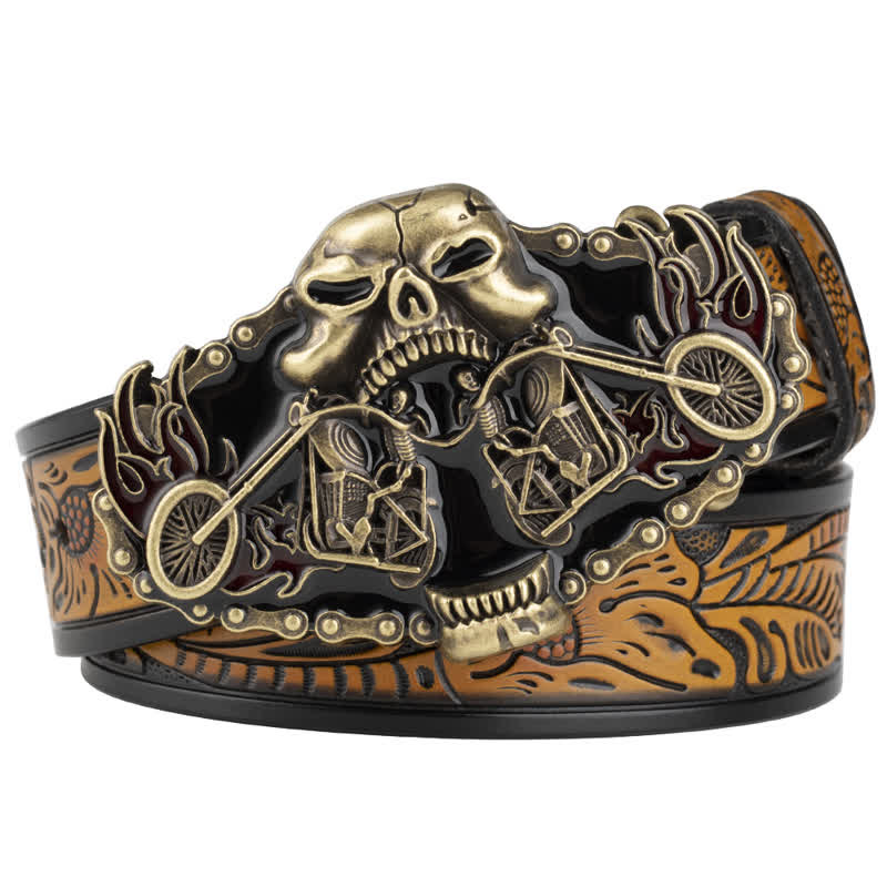 Men's Gothic Motorcycle Ghost Head Leather Belt - Yellow / Gold - 46 - image 4