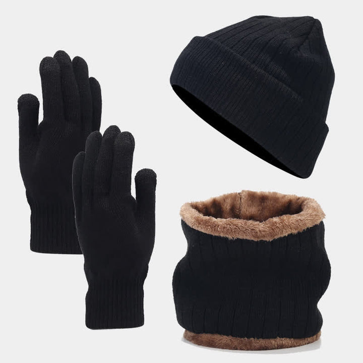 3Pcs Unisex Thickened Twill Knit Hat Scarf Gloves Set - Black - Adjustable (22"-22 7/8") - image 9
