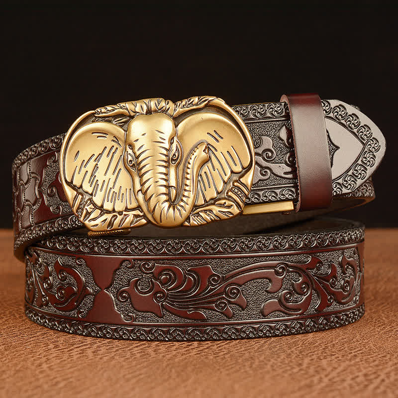 Men's Big-Eared Elephant Leather Belt - Gold & Brown - 46 - image 0