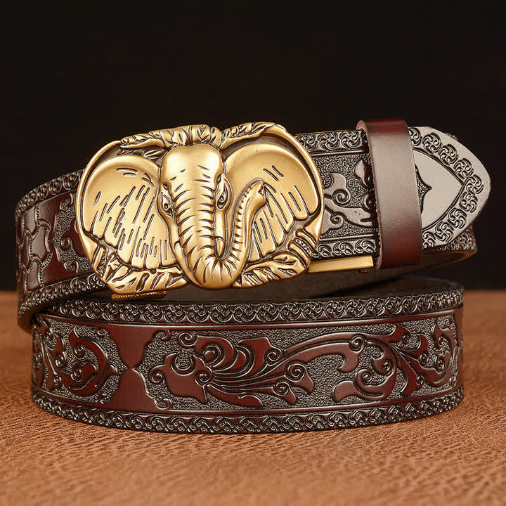 Men's Big-Eared Elephant Leather Belt - Gold & Brown - 46 - image 0