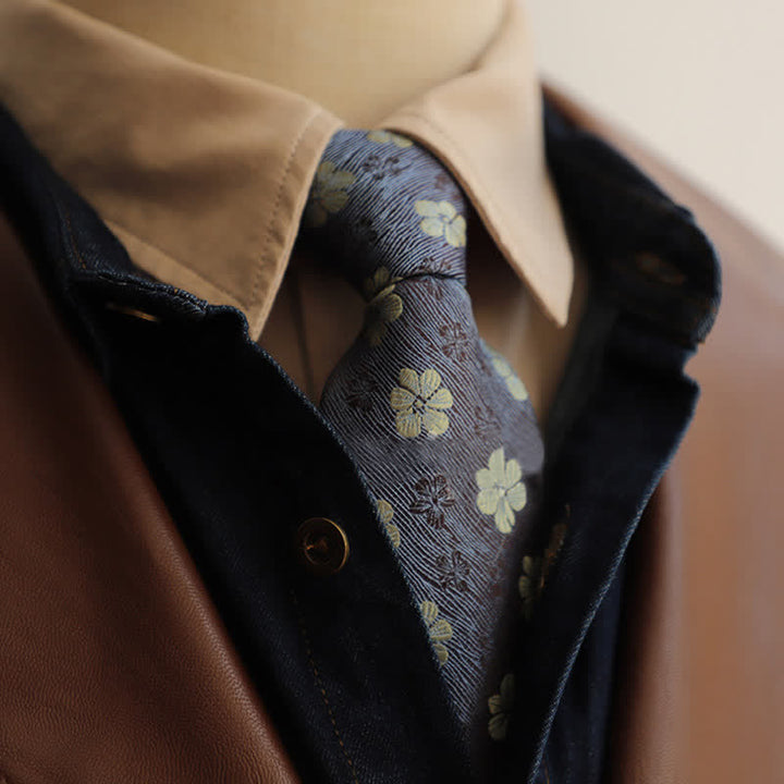 Men's Garden Motif Embroidery Zipper Necktie - SteelBlue Flower - image 9
