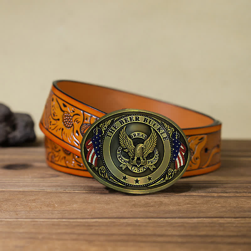 Men's DIY Eagle USA Flag Creative Beer Holder Buckle Leather Belt - Bronze - Orange Carved Belt (40) - image 33
