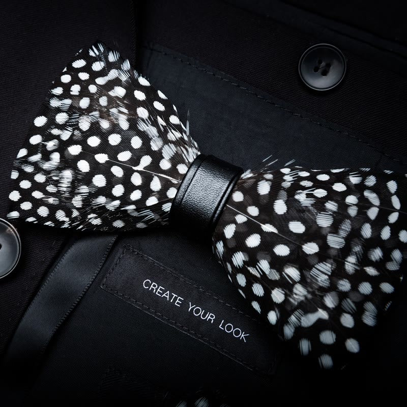 Black & White Polka Dot Feather Bow Tie with Lapel Pin - image 1