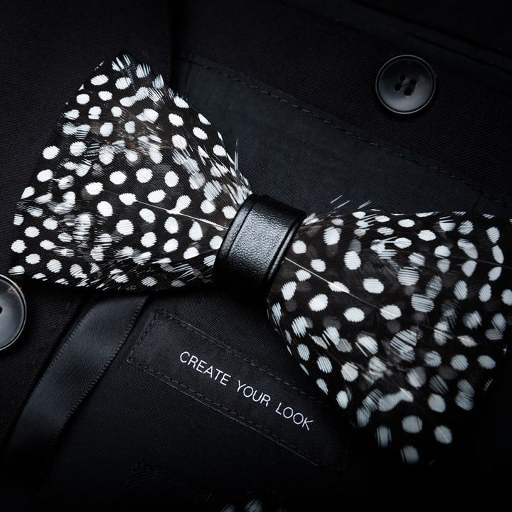 Black & White Polka Dot Feather Bow Tie with Lapel Pin - image 1