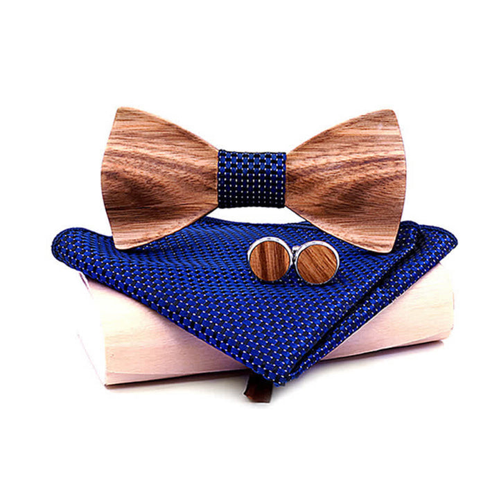 3Pcs Men's Classic Simple Wooden Bow Tie Set - Navy - Style #2 - image 14
