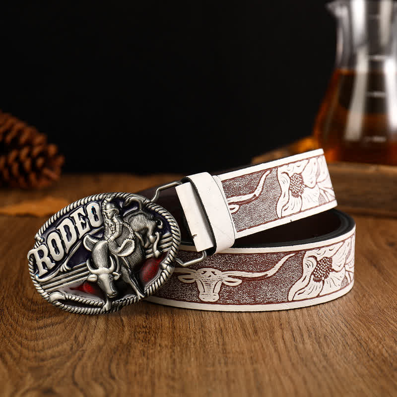 Men's Rodeo Bullfighting White Embossed Leather Belt - Rodeo - 42 - image 0