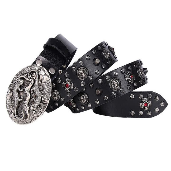 Men's Studded Ruby Lion Ornament Leather Belt - Black - 44 - image 0