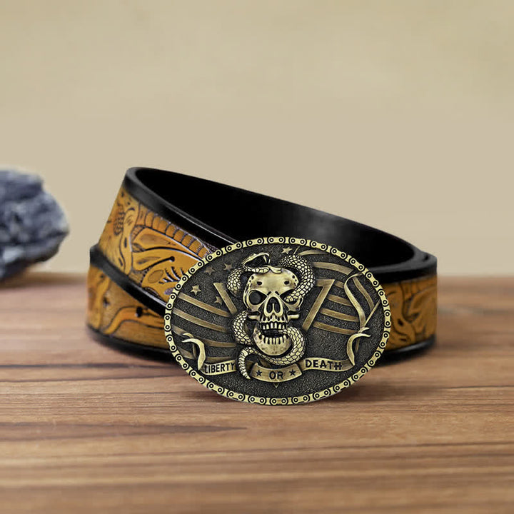 Men's DIY "Liberty or Death" Snake Skull Buckle Leather Belt - Antique Bronze - SandyBrown Belt (40) - image 22