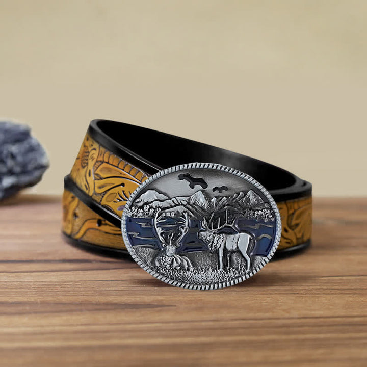 Men's DIY Enamel Wild Life Deer Buckle Leather Belt - Antique Silver - SandyBrown Belt (40) - image 12
