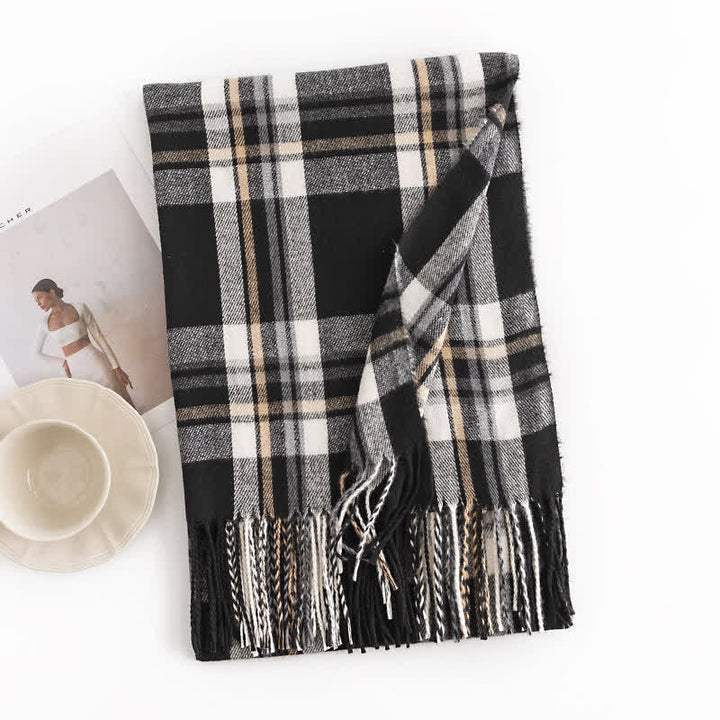 Women's Versatile British Checked Fringe Scarf - Black - image 14