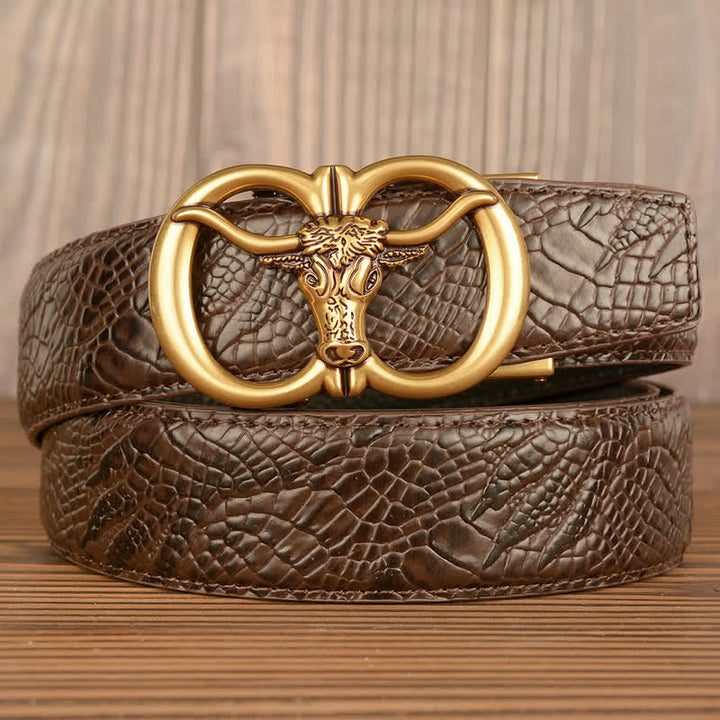 Men's Giant Ox Crocodile Pattern Leather Belt - Gold & Brown - Crocodile Claw - 44 - image 20