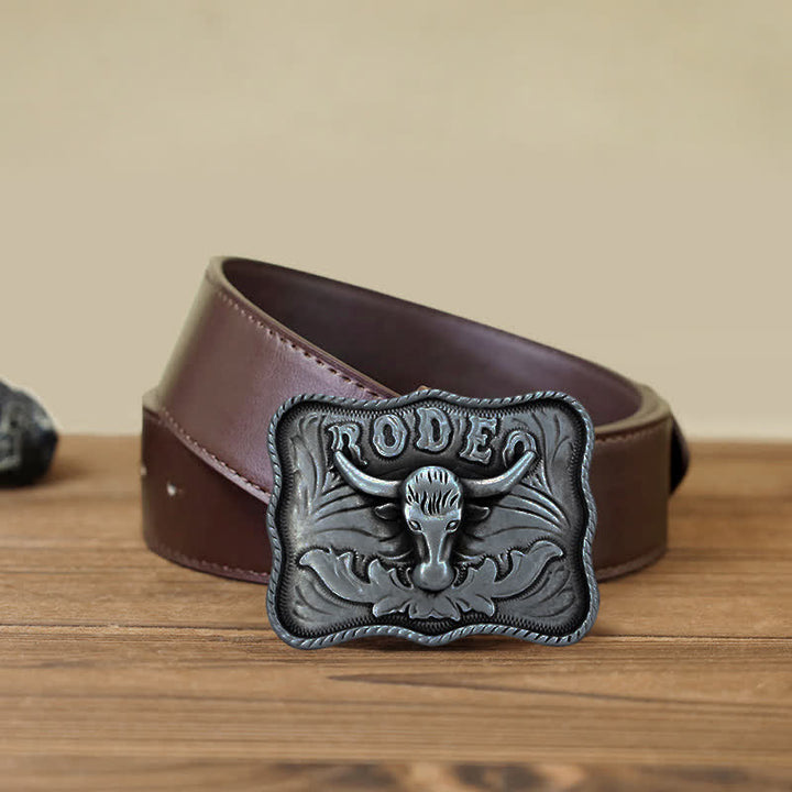 Men's DIY Silver Longhorn Bull Rodeo Buckle Leather Belt - Longhorn Bull - Brown PU Belt (40) - image 7