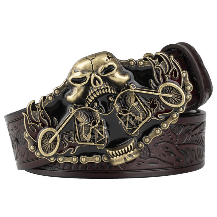 Men's Gothic Motorcycle Ghost Head Leather Belt - Coffee / Gold - 46 - image 6