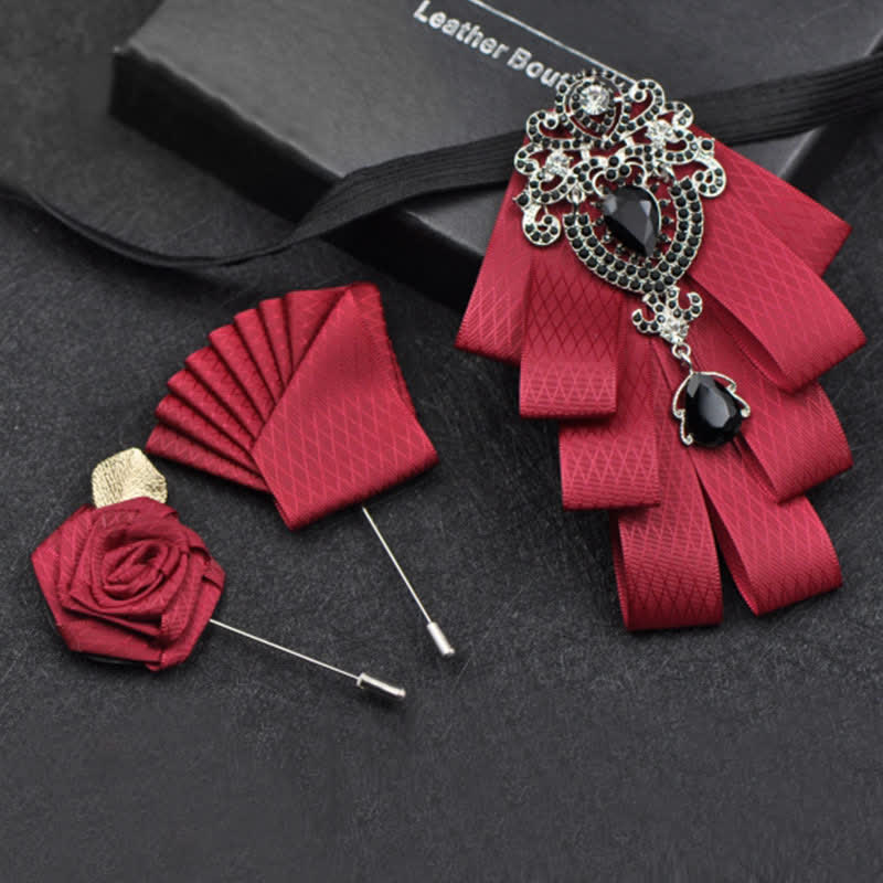 3Pcs Plaid Black Rhinestone Bow Tie Set - Burgundy Lattice - image 15
