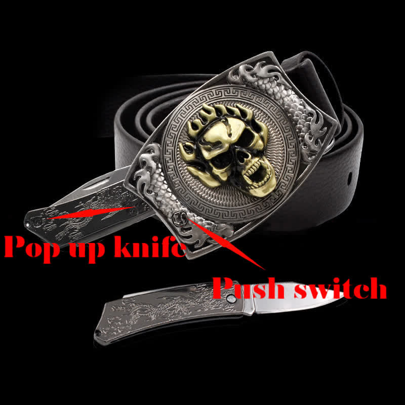 Men's Flame Skull Leather Belt With Folding Knife - image 2