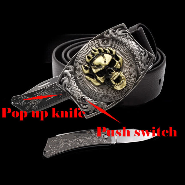 Men's Flame Skull Leather Belt With Folding Knife - image 2