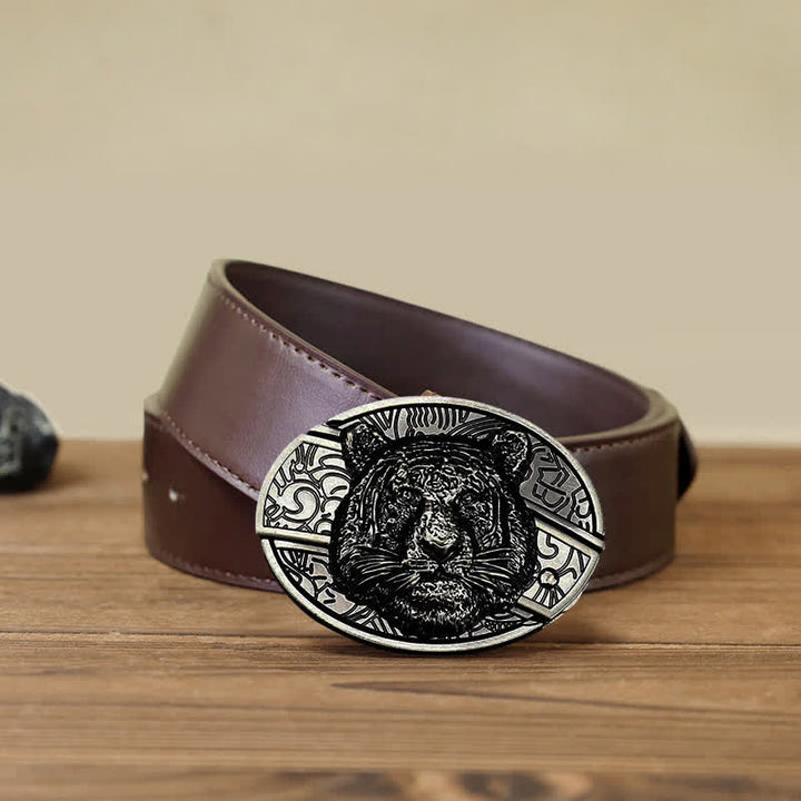 Men's DIY Leopard Head Hidden Folding Knife Leather Belt