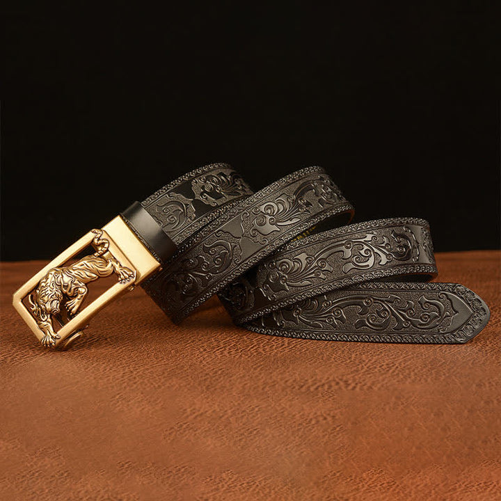 Men's Tiger Buckle Floral Embossed Leather Belt - image 14