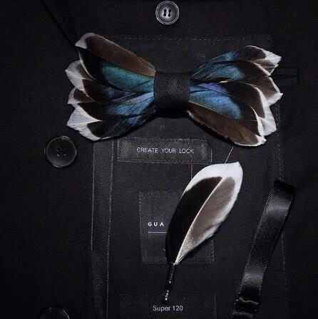 DarkBlue & Brown Graceful Feather Bow Tie with Lapel Pin - Adult - image 0