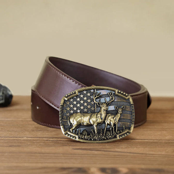 Men's DIY Deer Hunter American Flag Buckle Leather Belt - Gold Deers - Brown PU Belt (40) - image 20