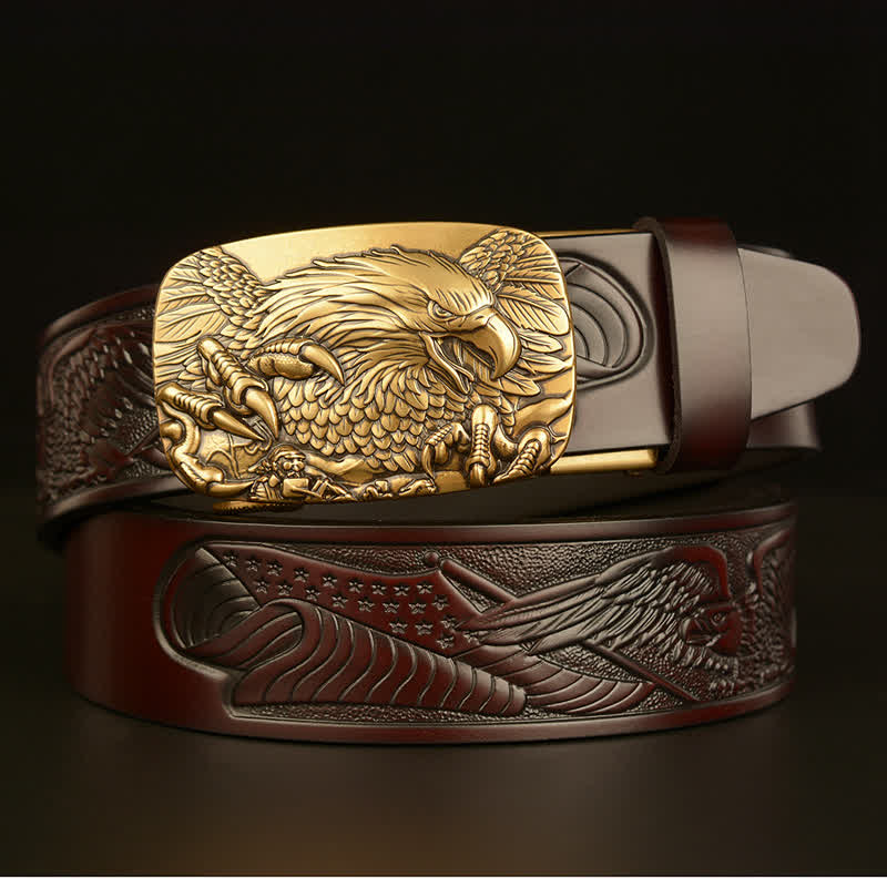 Men's Vintage Eagle Wings Automatic Buckle Leather Belt - Coffee / Gold - 46 - image 10