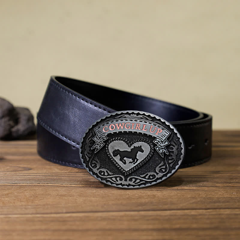 Women's DIY Silver Cowgirl Up Buckle Leather Belt - Cowgirl Up - Black PU Belt (40) - image 3