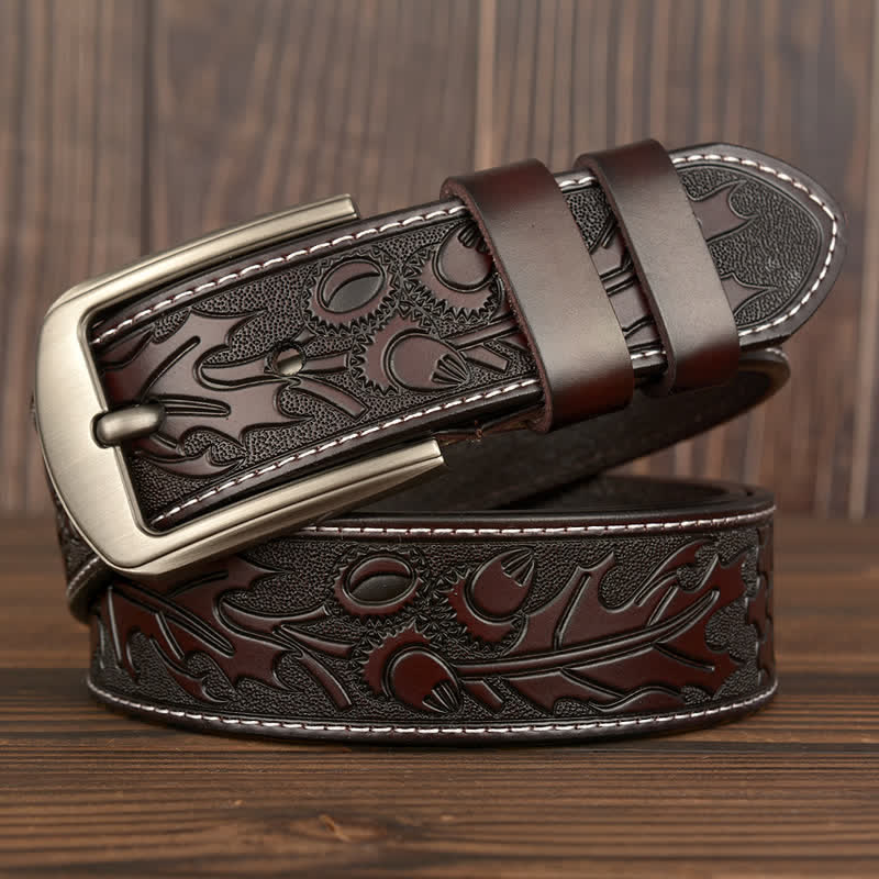 Men's Floral Embossed Pattern Leather Belt - Coffee - 44 - image 12