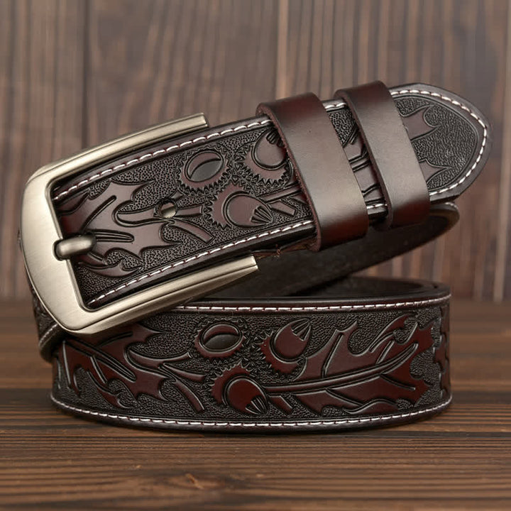 Men's Floral Embossed Pattern Leather Belt - Coffee - 44 - image 12