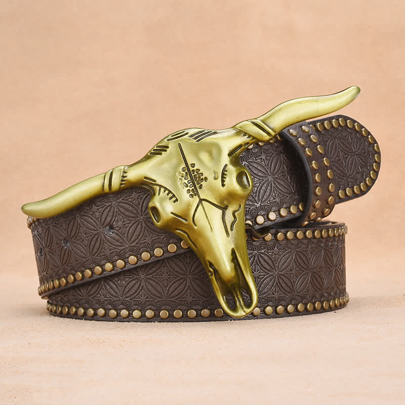 Men's Western Cattle Head Rivet Embossed Leather Belt - image 10