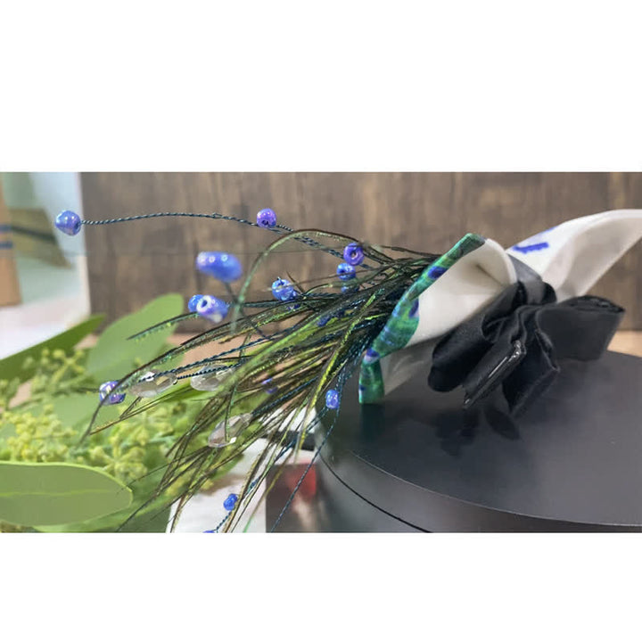 Blue Peacock Tail Beaded Feather Bow Tie - image 9