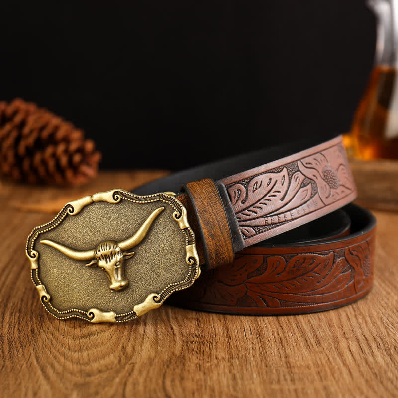 Men's Ancient Longhorn Bull Leather Belt - Brown - 42 - image 2