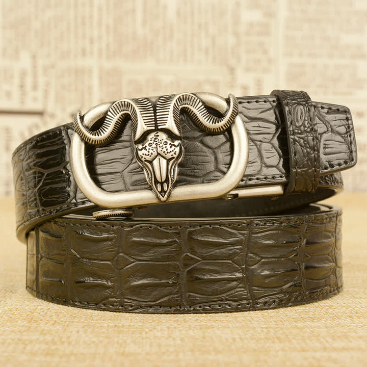 Men's Goat Head Crocodile Print Automatic Buckle Leather Belt - Black / Silver - 46 - image 14