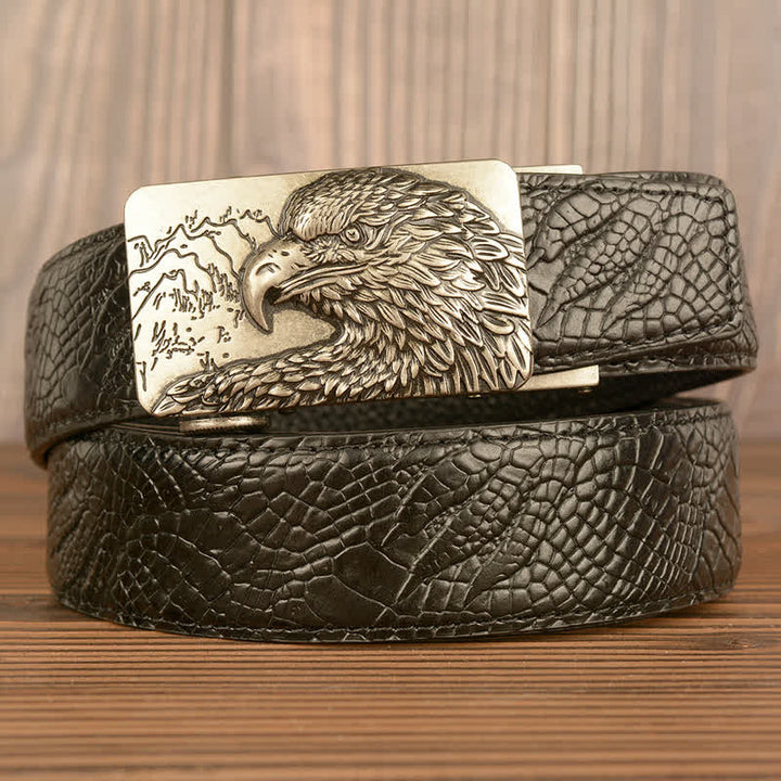 Men's Carved Eagle Crocodile Pattern Leather Belt - Silver & Black - Crocodile Claw - 44 - image 14