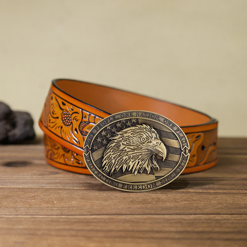 Men's DIY Patriotic Bald Eagle USA Flag Buckle Leather Belt - Antique Bronze - Orange Carved Belt (40) - image 23