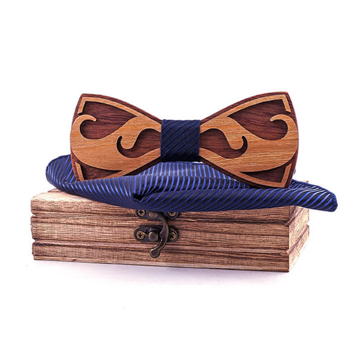 2Pcs Men's Carving Beards Wooden Bow Tie Set - Navy Pinstripes - image 0