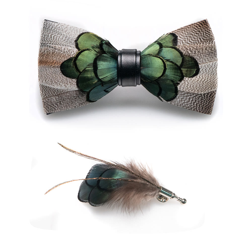 Grey & Forest Green Feather Bow Tie with Lapel Pin - image 3