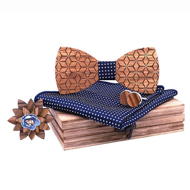 4Pcs Men's Geometric Carving Wooden Bow Tie Set - Black Polka Dot - image 7