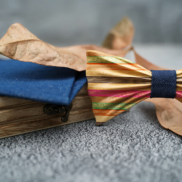 2Pcs Men's Rainbow Wrinkle Wooden Bow Tie Set - image 2