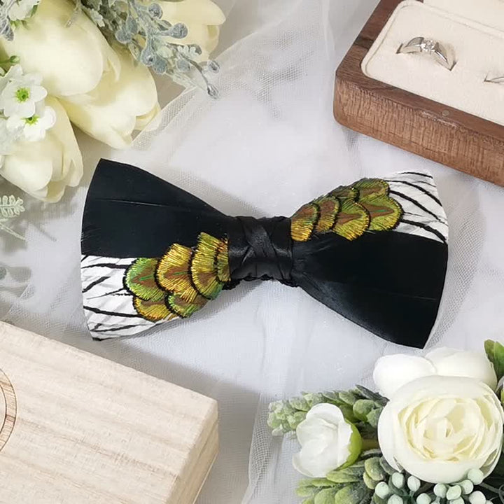 Black & White Patchwork Peacock Feather Bow Tie - image 3