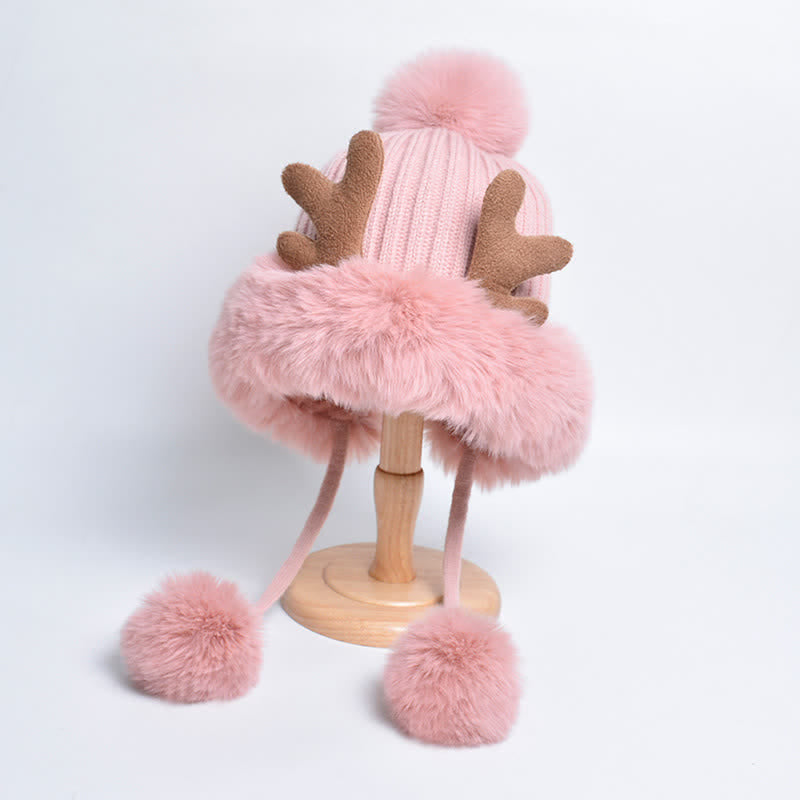 Women's Cute Deer Horn Pompom Knitted Hat - Pink - Adjustable (Approx. 21 5/8"-23 7/8") - image 2