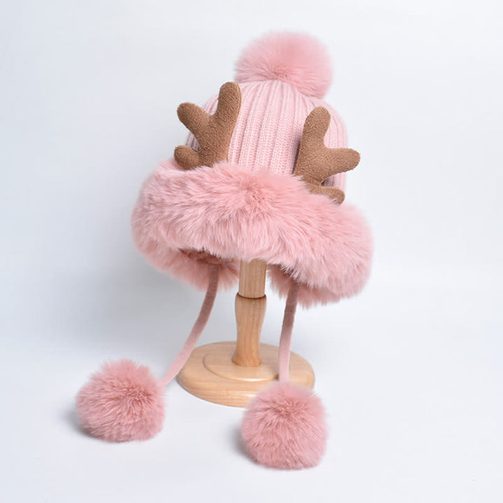 Women's Cute Deer Horn Pompom Knitted Hat - Pink - Adjustable (Approx. 21 5/8"-23 7/8") - image 2