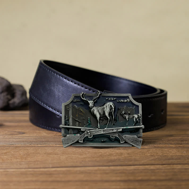 Men's DIY Deer Shotgun Hunter Buckle Leather Belt - Antique Silver - Black PU Belt (40) - image 6