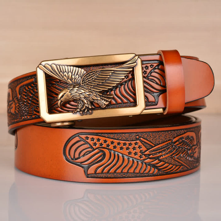 Men's Hollow Eagle Buckle Embossed Leather Belt - Gold & Brown - 46 - image 2