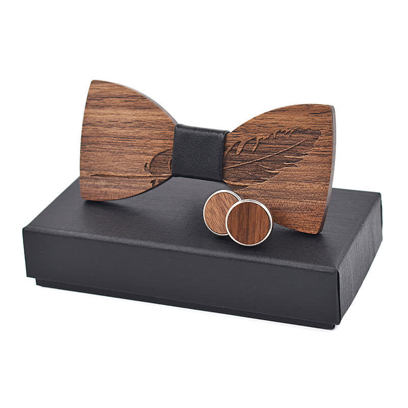 2Pcs Men's Feather Engraving Wooden Bow Tie Set - image 1