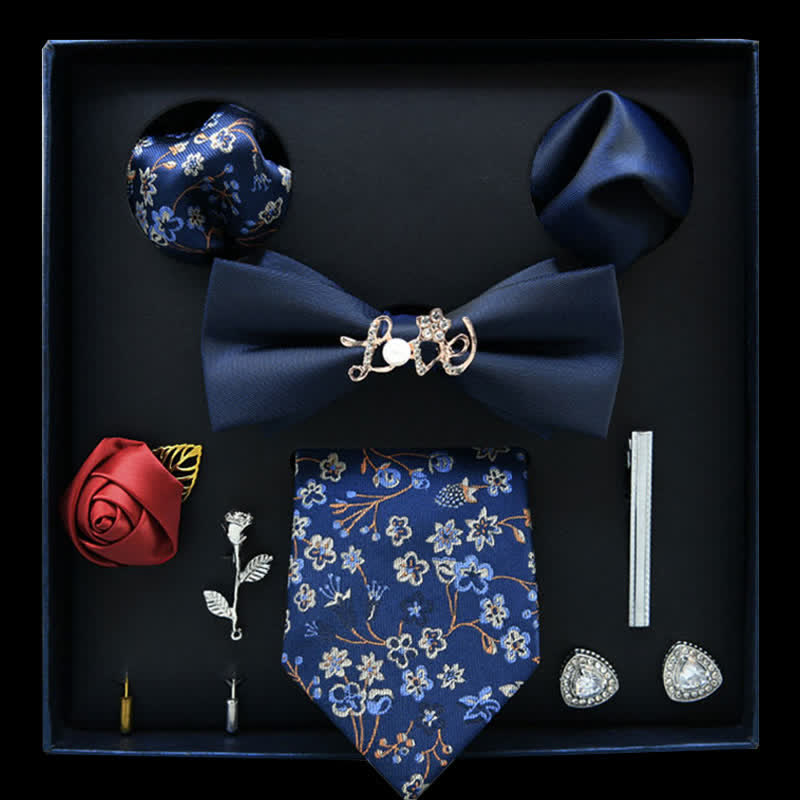 8Pcs Navy Blue Floral Casual Necktie Bow Ties Gift Box - Navy Blue - image 0