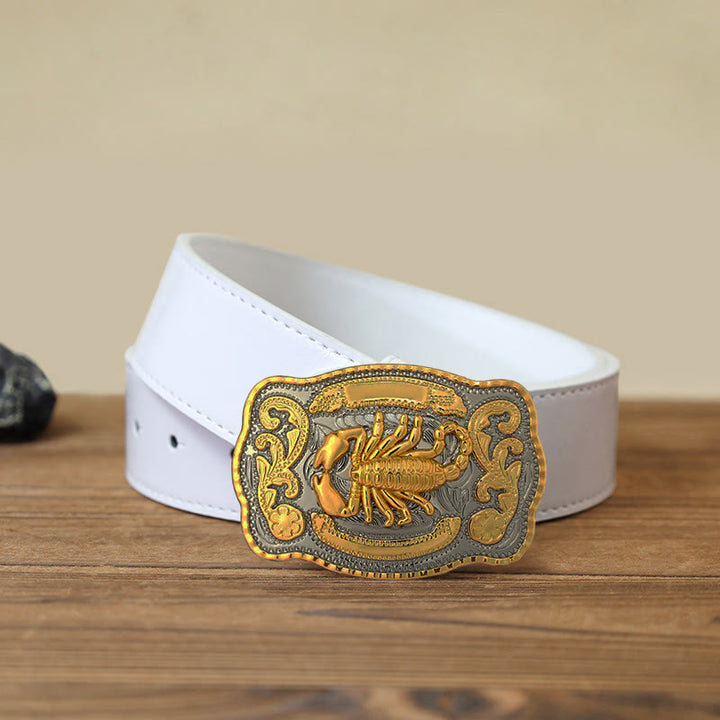 Men's DIY Golden Scorpion Buckle Leather Belt - Rectangular - White PU Belt (40) - image 11