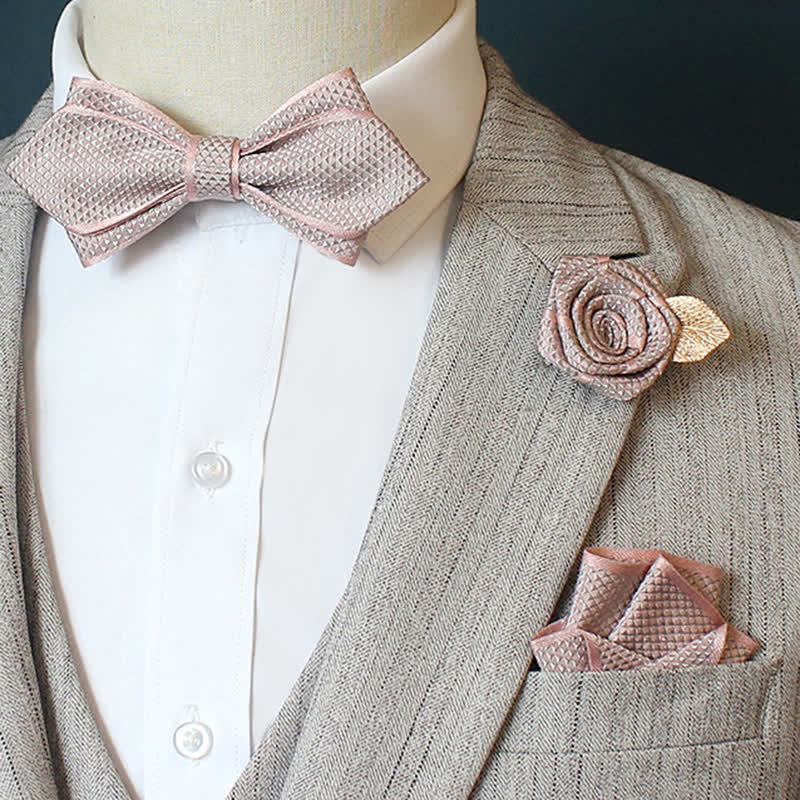3Pcs Men's Micro Check Wedding Groom Bow Tie Set - Pointy - Pink - image 6