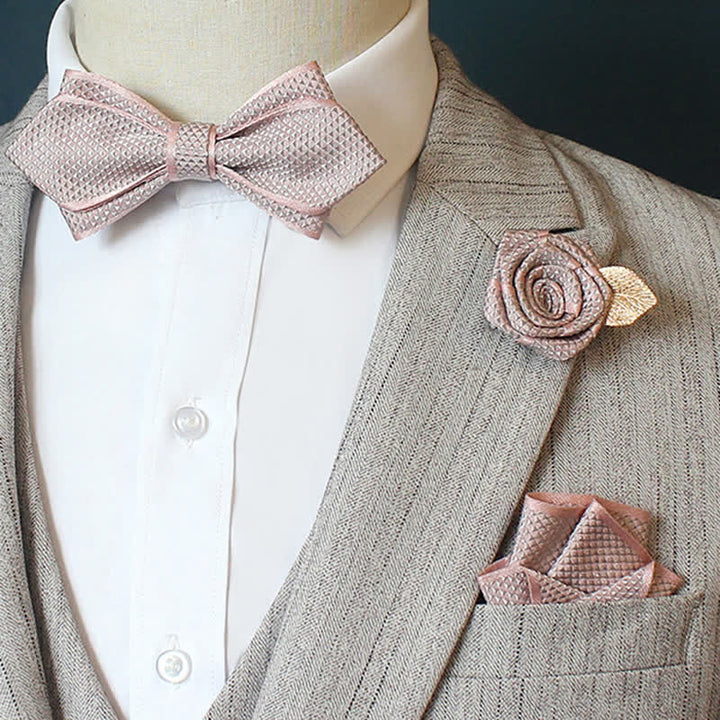 3Pcs Men's Micro Check Wedding Groom Bow Tie Set - Pointy - Pink - image 6