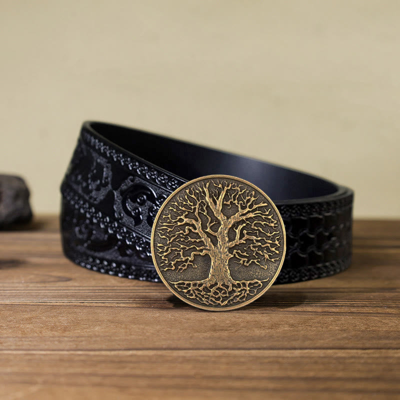 Men's DIY Tree of Life Round Buckle Leather Belt - Bronze - Black Carved Belt (40) - image 14